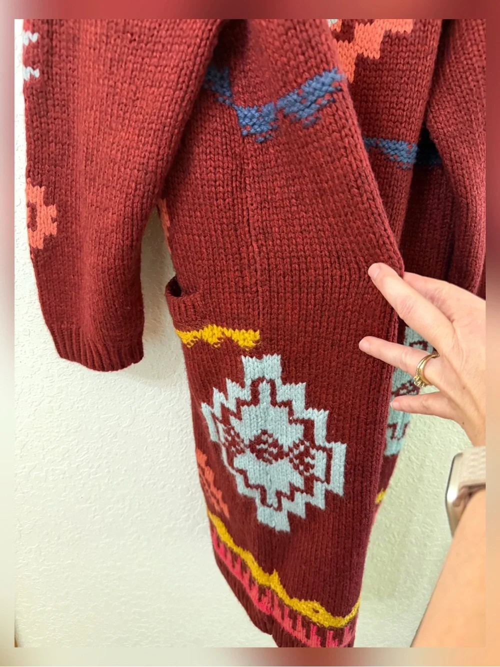Rare Sundance Tayen Sweater Coat Cozy Burgundy Boho Patterned Size LP